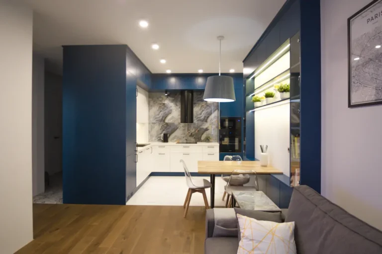 Бело-синяя кухня с прихожей и столовой - миниатюра