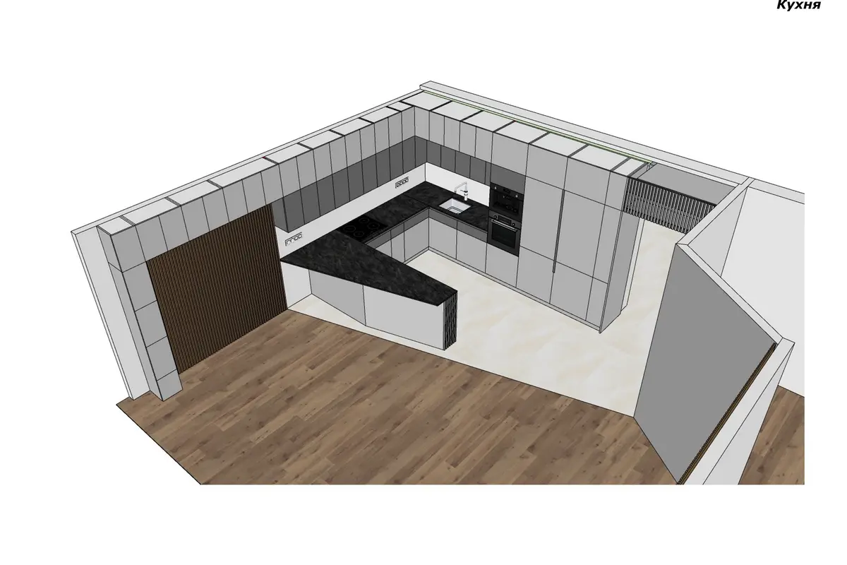 Проектная модель светлой кухни-гостиной