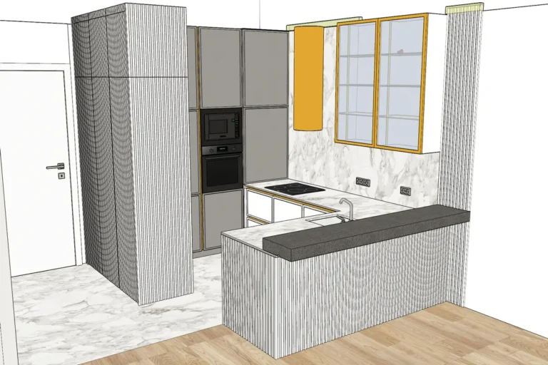 Белая кухня-прихожая с латунью - 3D модель