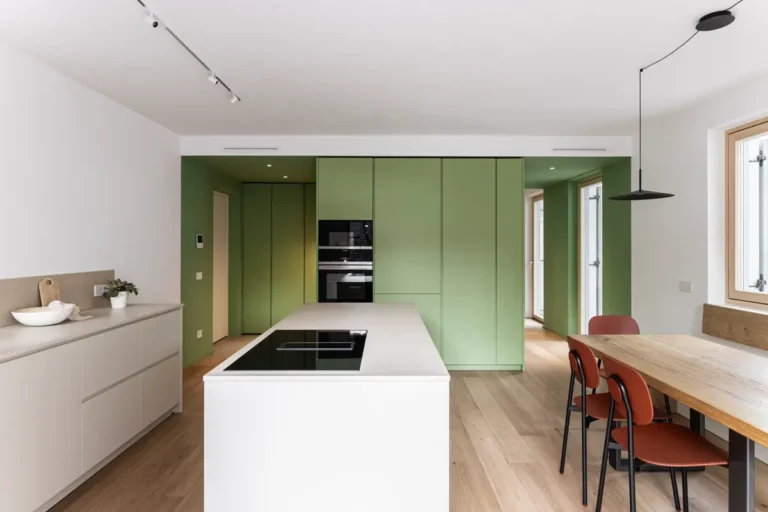 Большая светлая кухня-прихожая с высокими шкафами в едином зеленом цвете со стенами