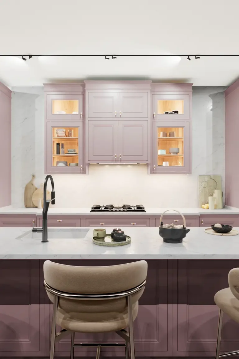 Большая розовая кухня JG Маргарита Йорк с антресолями в стиле неоклассика