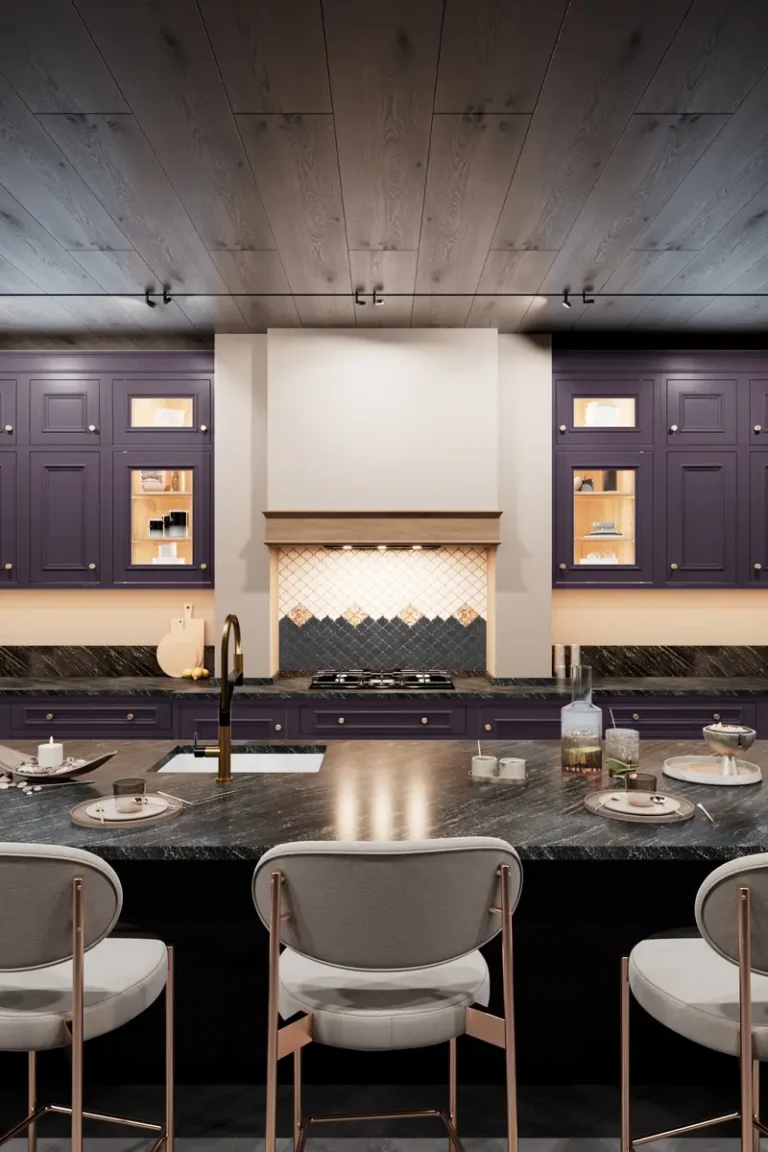Фиолетовая кухня JG Боттичелли Йорк с антресолями до потолка и островом с черной столешницей