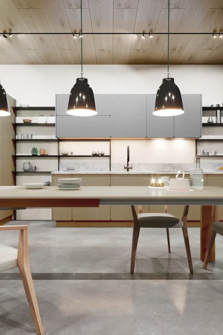 Кухня-столовая JG Клоуд с бежевыми и серыми фасадами