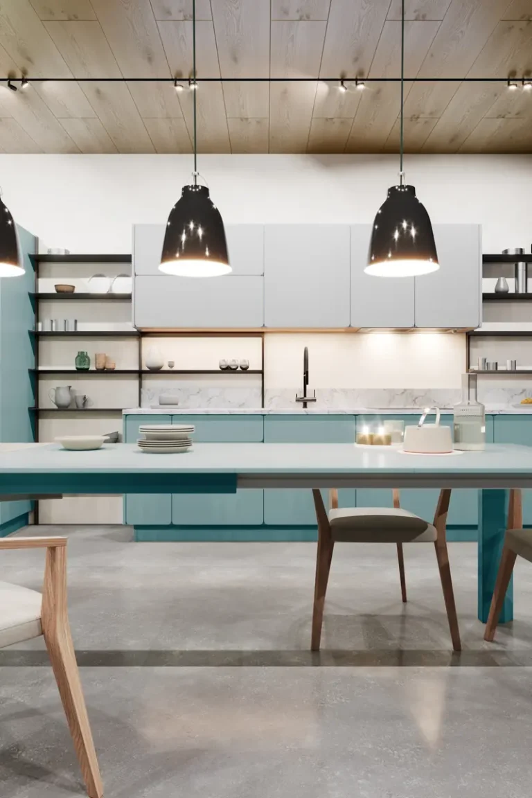 Кухня-столовая JG Клоуд с бирюзовыми и серыми фасадами