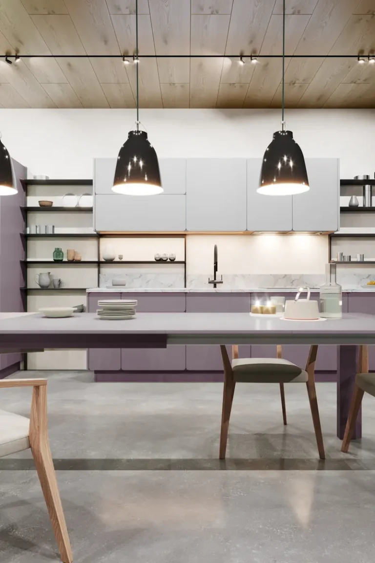 Кухня-столовая JG Клоуд с фиолетовыми и серыми фасадами