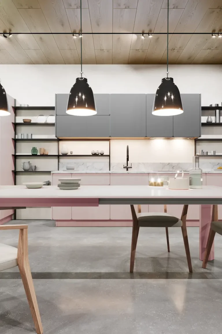Кухня-столовая JG Клоуд с розовыми и серыми фасадами