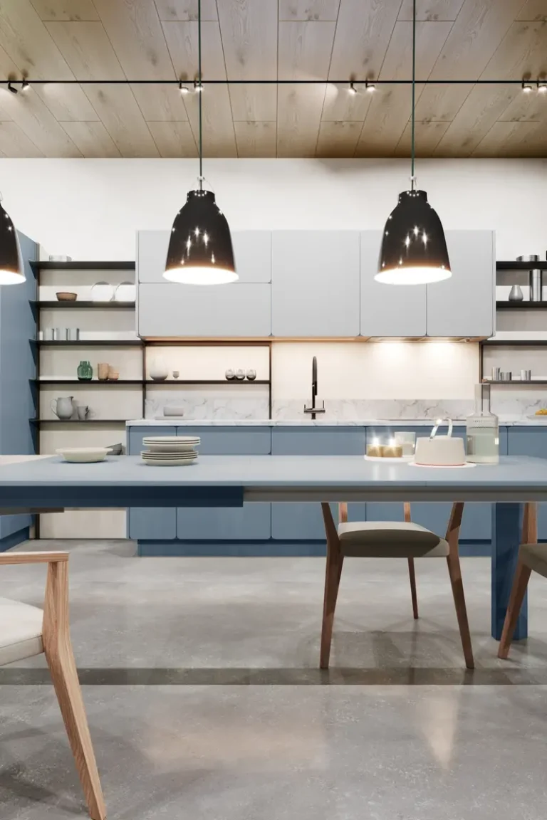 Кухня-столовая JG Клоуд с синими и серыми фасадами