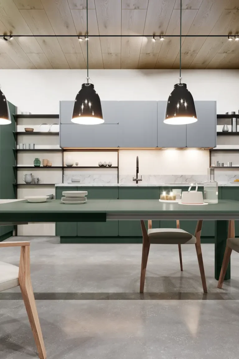 Кухня-столовая JG Клоуд с зелеными и серыми фасадами