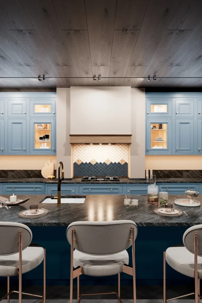Синяя кухня JG Боттичелли Йорк с антресолями до потолка и островом с черной столешницей