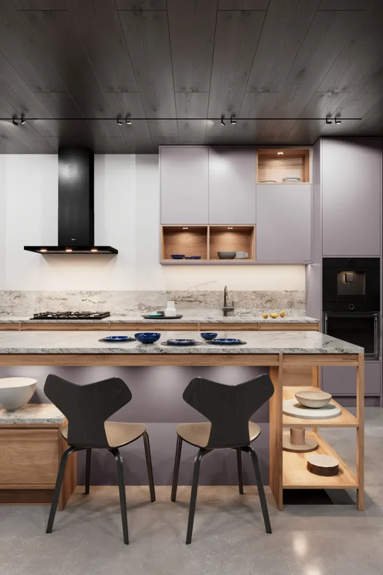 Дизайн современной фиолетовой кухни JG Феникс в стиле модерн
