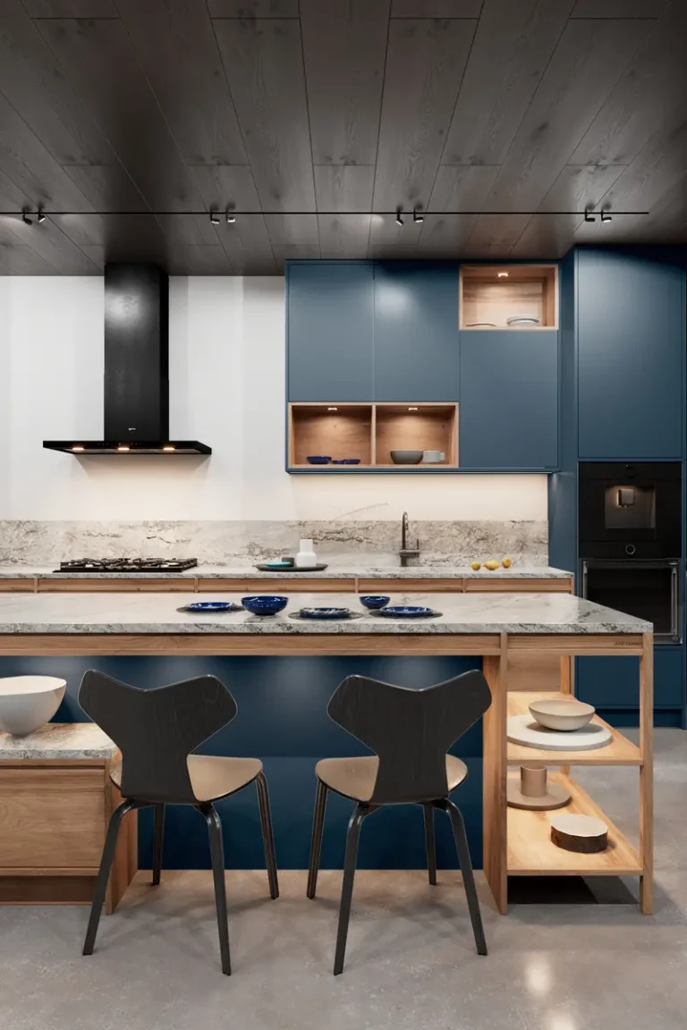 Дизайн современной синей кухни JG Феникс в стиле модерн
