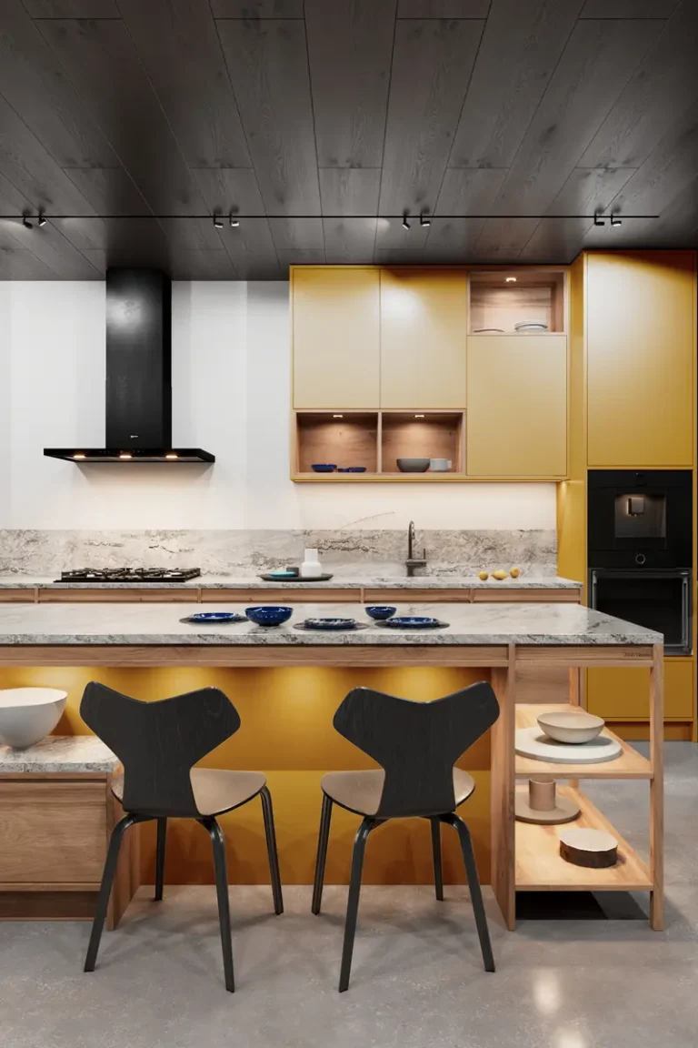 Дизайн современной желтой кухни JG Феникс в стиле модерн